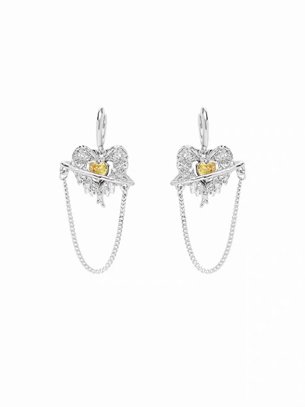 Seraph Orbit Earrings - Angel Wing Heart Chain Hoop Earrings